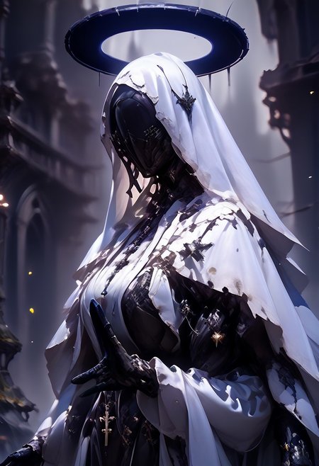 Realistic, (score_9, score_8_up), score_7_up, 1girl, jewelry, hood, necklace, armor, from side, mask, halo, helmet, cross, (crown), veil, cloak, spikes, robe, covered face, al13ng0d, solo, veil, black skin, hood up, (((huge saggy breast))), (mcnm), blurry background, dark, CINE, (embers),
,
Break
((4arms, 4arm)), hand gesture, depth of field, hand gesture, dark and moody lighting, ruins, cathedral,
 <lora:unholy-000009:0.75>   <lora:CINE-000008:0.5>  <lora:add-detail-xl:-1> <lora:EnvyBetterHiresFixXL01:0:hr=1>