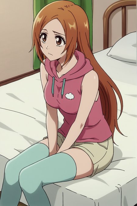 score_9, score_8_up, score_7_up,anime_source, source_anime, best background, detailed background, anime screencap,  Orihime Inoue, bed, hood, hoodie, shorts, sitting, sleeveless, sleeveless hoodie, sleeveless shirt, thighhighs  <lora:JN_Orihime_Inoue_Pony:0.8>