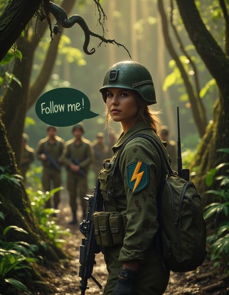 Depict a closeup of a gritty veteran woman infantry soldier, distressed camoflage uniform, combat helmet, (dark green speech bubble hovering in midair beside solder's face saying "Follow me!":1.5), utility belt (ammo pockets, grenades, hunting knife (black handle in a burlap scabbard)), rear view, looking back at viewer, serious expression, carrying army rifle in one hand (pointing muzzle at ground), embroidered unit patch on shoulder with simple large lightning bolt icon (gold bordered with cyan), walking on overgrown wet dense tropical jungle trail.  A dark green python is coiled on a tree branch above the soldier. Golden hour. Similar soldiers walking ahead on trail (bokeh). Professional documentary action photograph.   <lora:Buzz_Enhancer_2_Electric_Boogaloo:1>