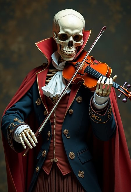 A skeleton wearing a Victorian Inverness cape, playing a violin, masterpiece 4k, highly detailed,
