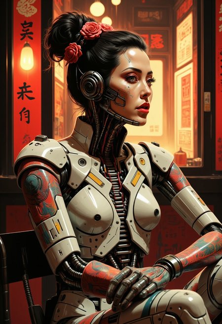 photo  of a full body geisha cyborg woman cc_cyborg with a detailed spin and cybernetic limbs. The image features a tattooed geisha android fflix-geisha seated and facing left. The android’s skin is adorned with intricate floral tattoos in vibrant reds, blues, and oranges, covering the shoulders, back, and arms. The android has an elaborate updo hairstyle decorated with red flowers, complementing the tattoo colors. The background is warmly lit with vintage-style lanterns, creating a cozy ambiance. (Fujicolor Superia X-TRA 400), (Light tracing), and (Dramatic lighting). Light and shadow by reij-snrs. Masterpiece, is pretty, best quality, high-res, extremely clear 8k wallpaper. HDR lighting, dramatic cinematic composition, UHD resolution, realistic texturing, advanced rendering techniques, and meticulous post-processing. In the eldoria style, no humans, tbh183