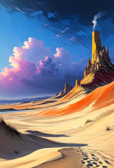 A landscape of tall dunes in a desert the stretches to the horizon. The sun is just rising above the horizon, painting the sky in vivid hues and lighting the dunes and the sand. Epic clouds catch the sunlight and a storm seems to be building in the distance. The dunes move like waves. A walking castle strides the dunes, huge and strange.