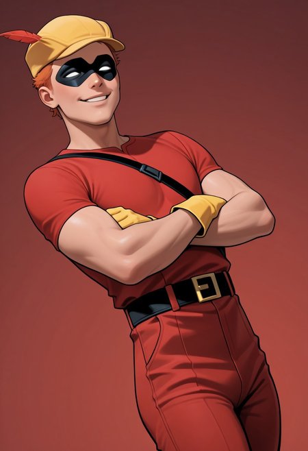 masterpiece, absurdres, high quality, perfect anatomy, 1boy, solo, cute boy, male focus, Speedy, Orange Hair, Domino Mask, White Eyes, Yellow Cap, Red Tunic, Red Pants, Yellow Gloves, smug smile, parted lips, arms crossed, cinematic, intricately detailed illustration, depth of field, masterpiece, best quality, amazing quality, very aesthetic, absurdres, newest, very awa,  shadow, dynamic angle, casual cosplay, dynamic pose, simple background, red theme