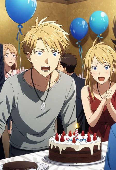 high resolution, professional photography, best quality, 1Boy, Yamato Ishida, blond hair, deep blue eyes, necklace, surprise, birthday surprise, funny, birthday cake, birthday party, OverallDetail
