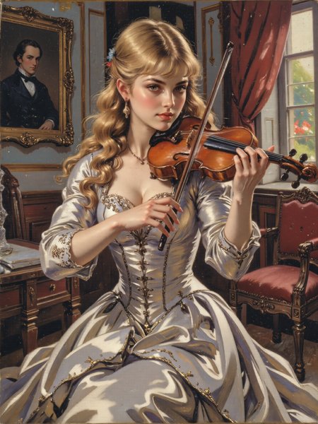 masterful impressionism oil painting titled "the violinist", the composition follows the rule of thirds, placing the violinist centrally in the frame. the subject is a young woman with fair skin and light blonde hair is styled in a long, flowing hairstyle with natural waves. she is dressed in an opulent, luxurious silver silk gown with a high waist and intricate gold detailing along the bodice. the gown's texture is smooth and reflective. she holds a violin under her chin, her right hand poised to play, and her left hand supporting the neck of the instrument. she wears a delicate gold necklace with small, sparkling gemstones that catch the light. her beautiful eyes focused on the viewer. the background features an elegantly furnished room with classical late 19th century decor. to the left, there is a large, ornate portrait of a man in a dark suit, set in a gilded frame. below this, a wooden desk with a closed book. to the right, a red upholstered chair with a wooden frame is partially visible. the room is bathed in natural light streaming through a window with red curtains, creating a warm, inviting atmosphere. the lighting highlights the violinist, casting soft shadows that enhance the depth and realism of the scene, highly aesthetic, harmonious colors, impressioniststrokes, 
<lora:style-impressionist_strokes-flux-by_daalis:1.0> 
<lora:image_upgrade-flux-by_zeronwo7829:1.0>