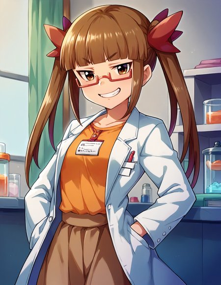 score_9,score_8_up,score_7_up,1girl,solo,cowboy shot,looking at viewer,grin,lab,<lora:ikebukuroakiha_ponyXLV6:0.8>,cgia,
brown hair,long twintails,blunt bangs,brown eyes,red-framed eyewear,under-rim eyewear,
labcoat,orange T-shirt,brown skirt