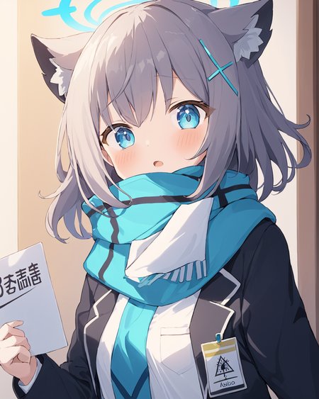 shiroko_\(blue_archive\),1girl, solo, animal_ear_fluff, looking_at_viewer, blue_scarf, v, blush, halo, upper_body, mismatched_pupils, white_shirt, long_sleeves, school_uniform, open_mouth, cross_hair_ornament, blazer, open_jacket, holding_sign, black_jacket
<lora:shiroko_(blue_archive)_image1930_2023-11-18_spv-000030:1>. gorgeous,key visual, vibrant, studio anime,award-winning, professional, highly detailed,high budget, cinemascope