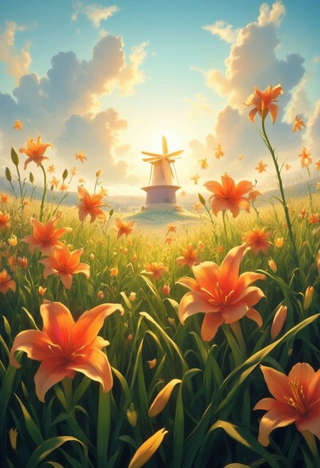 detailed background, from above,( Calm spring morning landscape), beautiful view, Flower Field, lily flower in full bloom, lily flower, early morning, sunrise sky, beautiful clouds, dappled sunlight, 
I can see a windmill in the distance, 
depth of field, masterpiece, best quality, ultra-detailed, very aesthetic, illustration, perfect composition, intricate details, absurdres, moody lighting, wisps of light, no humans,