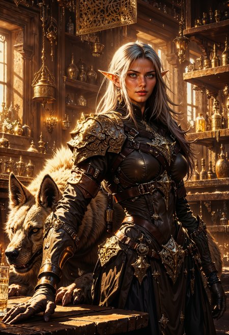 a female character and a large hyena in a rustic, warmly lit interior. The woman has long, flowing silver hair, pointed elf-like ears, and fair skin. She is dressed in a detailed, leather-like mad max outfit with metallic accents, including a corset and gloves, exuding a warrior or adventurer aesthetic. Her expression is confident and poised. The hyena beside her is large, with a thick, light-colored coat and a harness, appearing protective and alert. The background is filled with wooden shelves and tables, adorned with various bottles, jars, and hanging utensils, creating a cozy, medieval tavern atmosphere. The lighting is soft and golden, casting warm highlights and shadows throughout the scene, enhancing the mystical and adventurous mood of the composition. <lora:FluxMythG0thicL1nes:0.6> <lora:RetroAnimeFluxV1:0.6> <lora:FredFraiStyle-FLUX-Share:0.6>  <lora:dark_fantasy_flux:0.6>