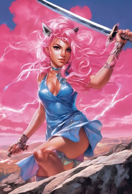 Duo, 1girl, Pink_PonyXL, ((sleeveless dress, white tiger print dress)), pelvic curtain, cleavage, ((white tiger tail)), red sash, ((white cat ears)), medium breasts, ((pink hair, long hair)), sweet smile, wide eyes, single fang showing, Break 1boy, ((link, blonde hair,blue eyes,pointy ears, low ponytail, sidelocks, wearing blue hyilian tunic)), Break, pink standing in fighting pose on a rocky hill, holding a broadsword to the sky, link posing as he looks at pink, storm clouds on the horizon, lightning strike, (((text, bold poster text reading "The Adventure of Pink", text above her))), box_art_frenzy, 1980s Nintendo box cover art, video game,