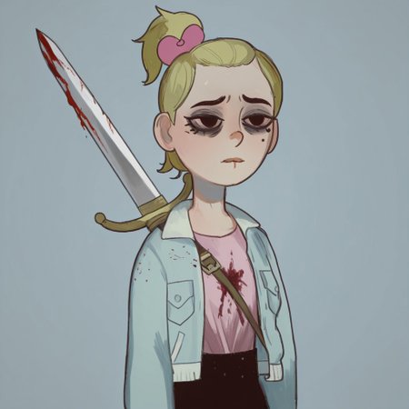 Sasha, 1girl, alone, short stature, blonde hair tied in a ponytail with a dark pink bow, mole on left cheek, light blue jacket, light pink shirt, 
Mossastyle
Sasha with a sad, dull look and dark circles under her eyes. Sasha cries as she He holds a sword filled with blood., blood on her clothes.. Half body