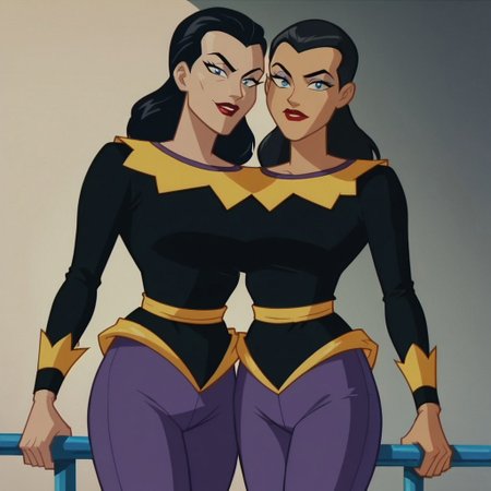 score_9, score_8_up, score_7_up, 2girls, lipstick, black hair, blue eyes, black shirt, purple pants, May and June (DCAU), looking at viewer, cartoon_screencap, circus