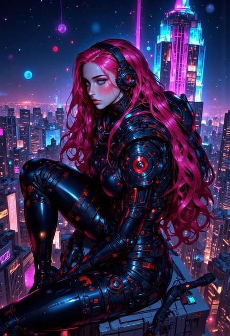 The image features a bright neon-haired, anime-inspired female woman dressed in futuristic, high-tech bright neon armor. Her armor is predominantly bright neon with metallic details, including shin guards, knee pads, and a chest plate, giving her a bold, commanding appearance. She is holding a large, rifle with intricate details and bright neon accents, suggesting a combat-ready posture. She sits on top of a building, with the New York city skyline visible in the background, showcasing iconic skyscrapers such as the Empire State Building.
The image has a dynamic composition, with the subject framed slightly to the side, her gaze directed towards the viewer. The vibrant bright neon hues contrast with the backdrop of the dark dystopian city at night, creating a striking visual effect. The character’s long, flowing bright neon hair further enhances the scene's fantastical and energetic feel.
The overall theme blends futuristic technology with playful, almost whimsical elements, suggesting a powerful yet light-hearted aesthetic. The setting on top of a skyscraper with a wide cityscape implies both a sense of power and detachment from the world below.