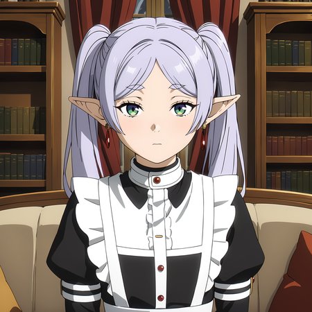 <lora:FrierenXL004>,<lora:DetailedEyes_V3:1.6>,looking at viewer,
solo,
anime screencap,
best quality,masterpiece,
Frieren,1girl,light purple hair,twintails,multicolored eyes,earrings,
cowboy shot,
maid,puffy_sleeves,gorgeous indoor,sofa,bookshelf,window_,furniture,curtains,