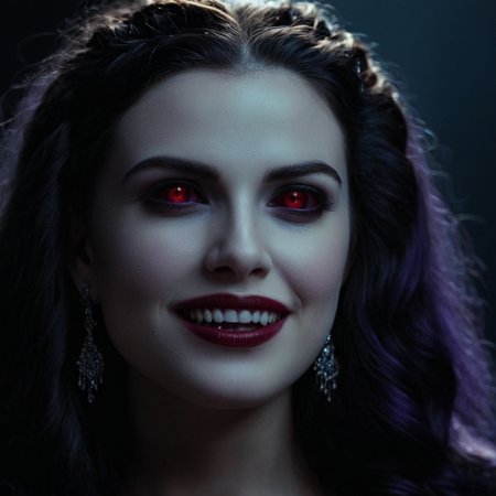 cinematic film still of  <lora:perfect sclera eye style v2:0.6>
In perfect eye style a photo of a Purple sclera eyes of a vampire woman with a very big smile on her face, sharp, detailed, cinematic, Purple sclera eye style, Purple eyes style, 1girl, solo, looking at viewer, blue eyes, black hair, purple eyes, parted lips, teeth, lips, fangs, portrait, realistic, braid, makeup, black background, red lips, long hair, jewelry, earrings, mole, mole under eye, vampire creature <lora:brides of dracula style:0.5>, shallow depth of field, vignette, highly detailed, high budget, bokeh, cinemascope, moody, epic, gorgeous, film grain, grainy