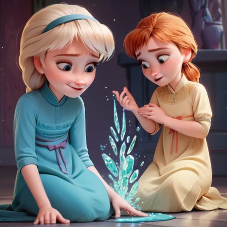 score_9, score_8_up, score_7_up, score_6_up, score_5_up, score_4_up, 2girls, AnnaElsaFB, sitting on the floor, freckles, swirling ice magic, looking amazed
