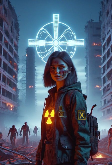 4D render, Chernobyl disaster, nuclear ,  Apocalypse,girl, detailed face, portrait, glowing x, minimalist outfit, anti social ,  zombies, ,cyberpunkartstyle,ruined ancient city,Professional styling, intricate details,8k post production, faithful, Religious denomination,