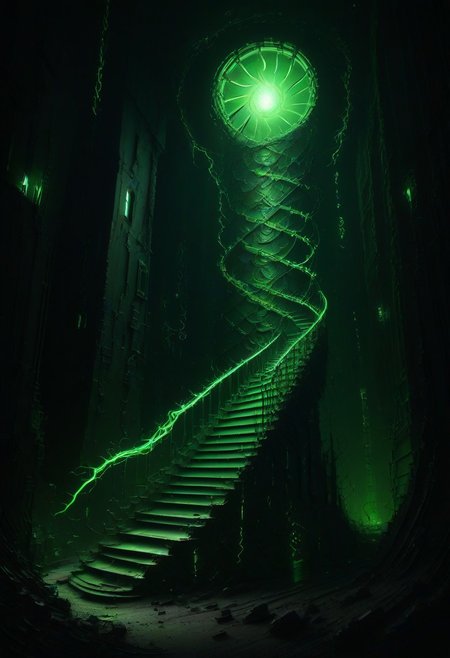 green sun, electricity, green glow, green theme, Necron, spiral staircase, chaos,
