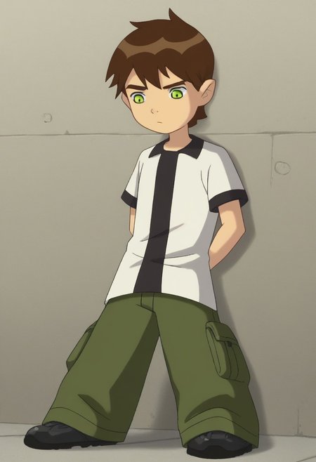 score_8, score_8_up, score_7_up, source_anime, mabyss BREAK 1boy, male focus, solo, full body, wall, floor, 1boy, bentennyson, brown hair, green eyes, shirt, green cargo pants