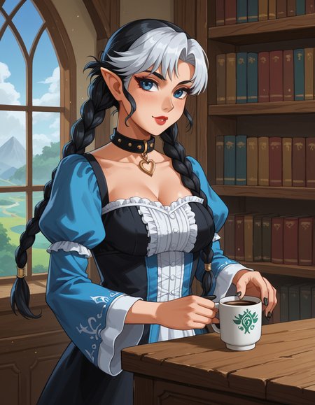 Legend of Zelda style score_9, score_8_up, score_7_up, score_6_up, score_5_up, score_4_up, hud_gthd0l, 1girl, solo,The baroque radiance of the chamber is an ethereal spectacle, and the princess exudes elegance in her captivating ((Victorian bustle gown)). Her heart fills with excitement and joy, as she awaits the unfolding of her journey., two-tone hair, white hair, black hair, twin braids, black nails, collar, lipstick, makeup <lora:hud_gthd0l_XLP:0.6>,Fog Enshrouded Mansion, Mysterious, misty, lair, sprawling , Bakemono Zukushi, Conceptual Art, iced coffee, bookshelf, with a cliff side in the background . Vibrant, fantasy, detailed, epic, heroic, reminiscent of The Legend of Zelda series