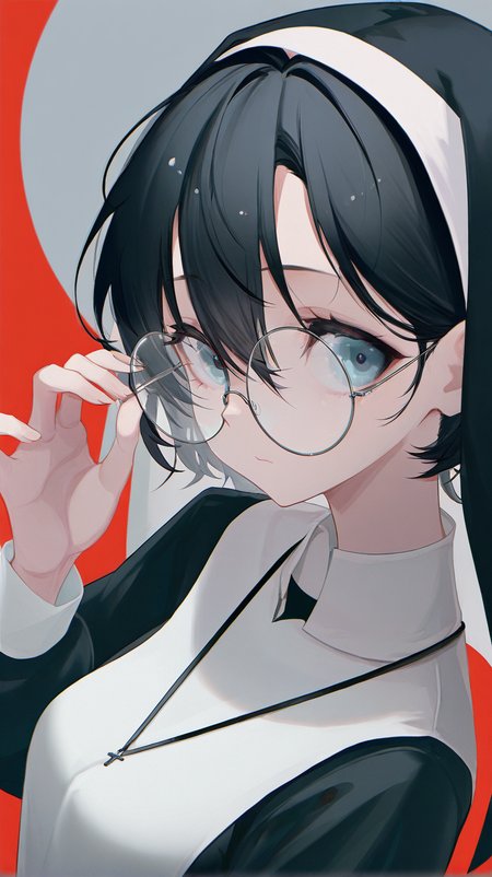 1girl, solo, looking_at_viewer, short_hair, bangs, blue_eyes, black_hair, long_sleeves, hair_between_eyes, closed_mouth, upper_body, glasses, hand_up, grey_eyes, red_background, round_eyewear, adjusting_eyewear, nun
