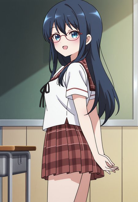 highres, best quality, masterpiece, classroom,
anime screencap,
1girl, solo, gochirep, dark blue hair, long hair, blue eyes, glasses, red eyewear,
school uniform, sailor collar, black ribbon, short sleeves, white shirt, plaid skirt, red skirt, brown skirt, thighs, untucked shirt,
looking at viewer, blush, smile, open mouth,
standing, arms behind back, from side,
<lora:_class_rep_gochiusa-elesico-ilxlB:1>