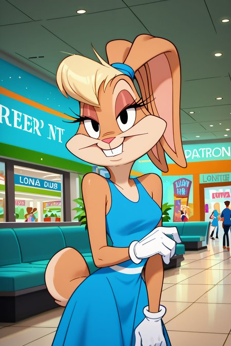zPDXL3,  <lora:Lola_Bunny_2011:.8>,
Lola, woman, rabbit ears, furry, blonde hair, black eyes, blue dress, white gloves, looking at viewer, smiling, standing, inside mall,