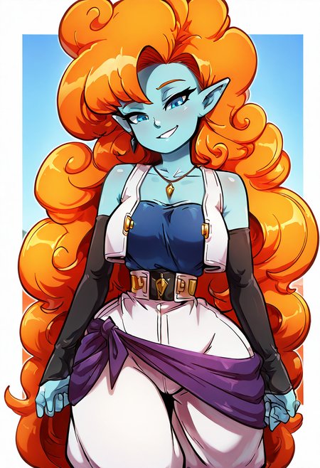 masterpiece, best quality, solo, curvy, beautiful eyes,  narrow waist, wide hips, zZangya, blue eyes, blue skin, pointy ears, orange hair, curly hair, long hair, big hair,  jewelry, necklace, detached sleeves, bare shoulders, vest, gloves, white baggy pants,  ,       <lora:ZangyaDragonballIXL:1.0>, , smile, looking at viewer, cowboy shot,  ,<lora:theOtherHalfNAI:0.8>,