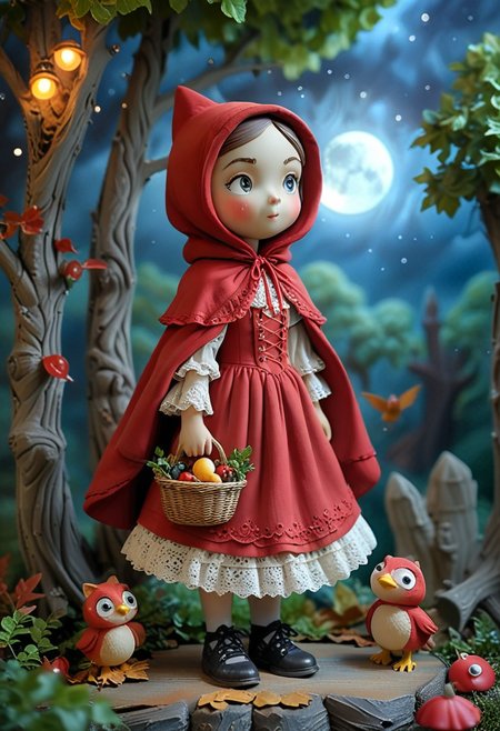 masterpiece, best quality, (curious red riding hood) young character, wearing a dark red hooded cape, lace-up bodice, long skirt with lace trim, leather shoes , bonnet, set in  a serene woods, with rustling leaves, dappled sunlight, a gentle breeze, birds singing, and a sense of peace, under the moonlight, at night, smiling