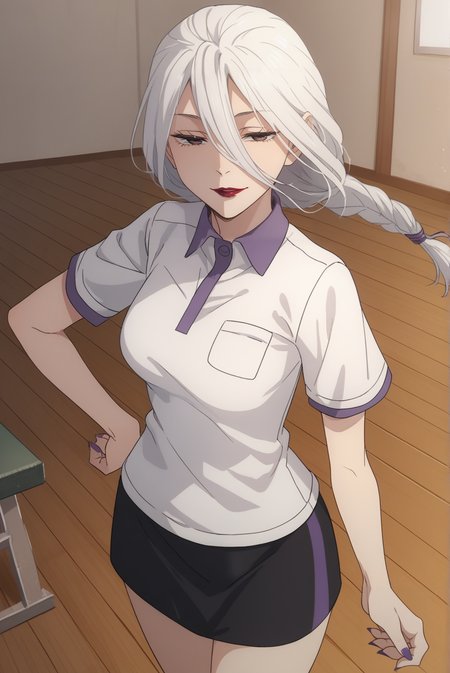 score_9, score_8_up, score_7_up, score_6_up, score_5_up, score_4_up, BREAK source_anime, 1girl, solo,
<lora:MeimeiXL-v1-06:0.8>, ChopioMeiMei, white hair, looking at viewer,
medium breasts, purple nails,
long hair, braided ponytail, long bangs, hair tie, hair between eyes, red lipstick, half-closed eyes,
outfit_3, white shirt, polo shirt, short sleeves, black skirt,
indoors, gym, wooden floor, seductive smile, parted lips, thighs, standing, open collar,