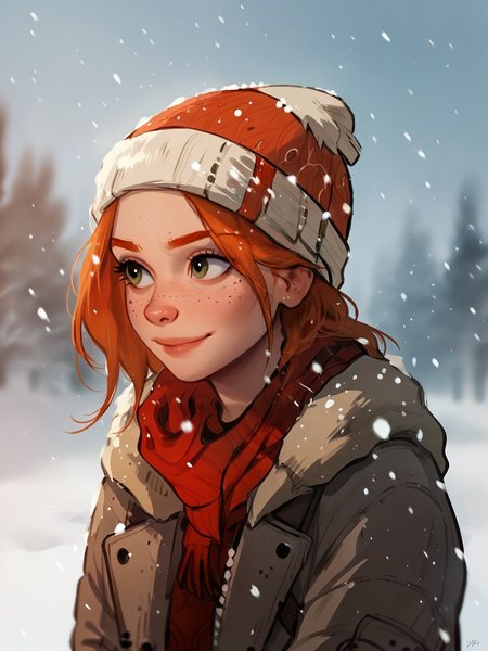 score_9, score_8_up, score_7_up, score_6_up, score_5_up,   <lora:snowXLP:1> snow, outdoors, winter, 1girl, solo, upper body, snowing, freckles, ginger, hat, beanie,