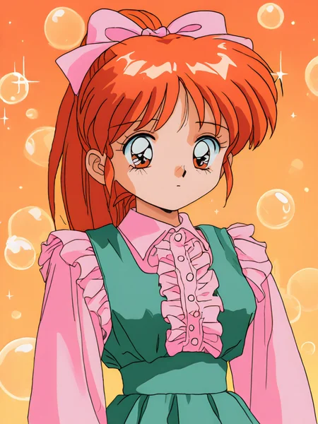 <lora:1990-mahjong-gals:1>1990s (style), 1girl, solo, orange background, shirt, bow, ponytail, sparkle, hair bow, suspenders, retro artstyle, pink bow, long sleeves, long hair, red hair, pink shirt, center frills, green dress, dress, bubble, yellow background, collared shirt, frills, orange hair, upper body, pinafore dress, 1990s (style), Naruâââ