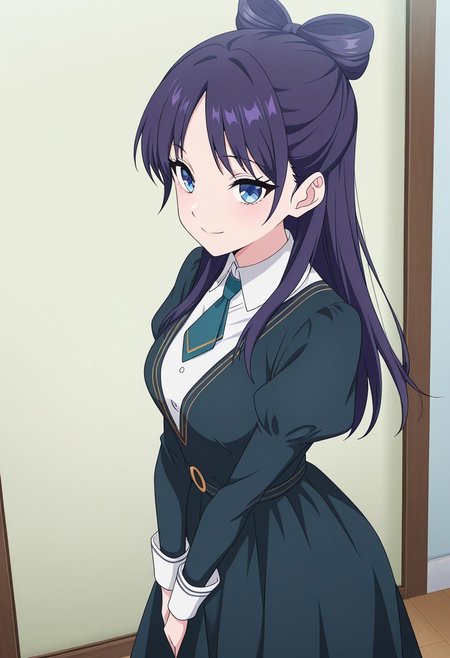 (absurdres, best quality, masterpiece:1.4), amazing quality, highres, newest, detailed, detailed body, detailed face, source anime, anime coloring, beautiful, 
BREAK
WWNemu, 1girl, solo, standing, smile, NemuAniHu, dark purple hair, bow-shaped hair, parted bangs, half updo, blue eyes,  v-neck dress, white inner collared shirt, Short necktie, juliet sleeves, long skirt