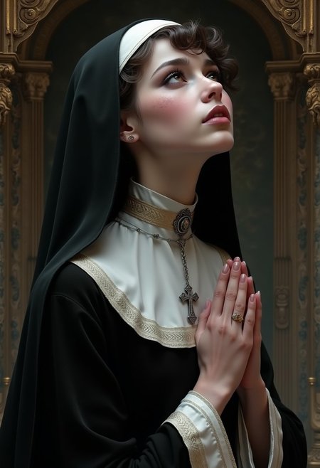 (in Alphonse Mucha style:1.4), (masterpiece:1.2) A goth girl in a nun outfit gazes upward with a serene, almost angelic expression, her lips parted as if in prayer. Her short, edgy hair is styled in soft waves that fall around her face, creating a perfect contrast to her dark attire. She has an innocent glow, her large, dark eyes reflecting a sense of wonder. A subtle smoky eye and a faint blush give her a soft gothic allure, while her delicate silver rosary rests against her chest. (hyperdetailed innocent gaze and soft blush:1.1), (intricate rosary and veil details:1.1), (Refined peaceful atmosphere:1.1), (best quality:1.1), (high resolution:1.2)