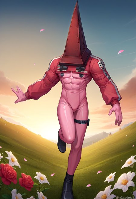score_9, score_8_up, score_7_up BREAK source_anime, 1boy, man, muscular, <lora:EPalicebodysuit:0.75> EPalicebodysuit, wearing EPalicebodysuit, pink bodysuit, shrug \(clothing\), breast pocket, elbow strap, shoulder strap, multicolored gloves, sleeves past wrists   <lora:ChamPyramidHeadPonyXL:1.0> PyramidHead, helmet, PyramidHead, helmet, flowers, petals, god rays, running, jumping, outstretched arms, arms up, fantasy landscape, vibrant