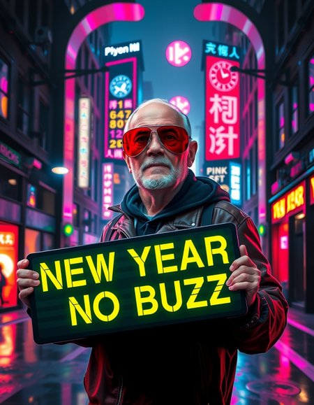 A cyberpunk photo of old man with thick aviator sunglasses in a futuristic cyberpunk neon cityscape. He is holding a sign with BOLD letters that says "New Year, No Buzz" in bright neon letters contrasting against the dark colors of the sign. The bright lights contrast the dark dingey parts of the cyberpunk cityâââ