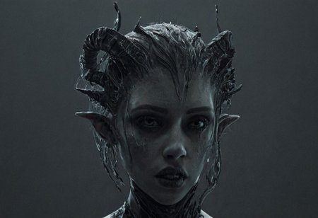 Horror-themed,  <lora:Demon Girl:0.8>
Demon Girl a woman with a weird head piece and a weird hair style, Eerie, unsettling, dark, spooky, suspenseful, grim, highly detailed