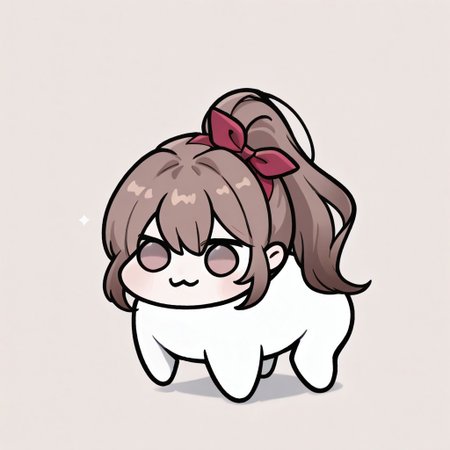 ruirui,brown hair,long hair,ponytail,long hair,hair bow,doro, :3, chibi, no pupils, solid circle eyes, full body, white skin, all fours,