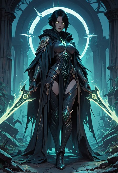 (masterpiece), (best quality), 8k, 1girl, celestial assassin, intense low lighting, glowing crescent blades, dual-wielding, shadowed face, glowing eyes, dark eclipse sky behind her, glowing voidlight aura, mystical sigils on ground, standing on fallen enemy, long flowing cloak fluttering, sci-fi fantasy armor with celestial patterns, moonlit silhouette, cinematic perspective, ethereal particles, solemn expression, radiant eclipse corona, sleek asymmetrical hairstyle, atmosphere of silent finality,
Unique, close up,