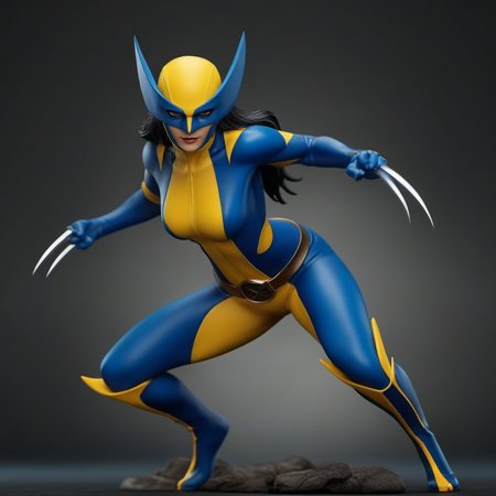 cinematic photo a full body woman with a mask and a blue and yellow bodysuit and claws, action poses <lora:X-23-1024:0.8> . 35mm photograph, film, bokeh, professional, 4k, highly detailed
