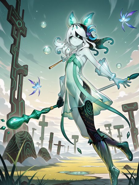 monster girl, icejade acti, 1girl, staff, solo, holding staff, green theme, green bubble, floating, outdoors, closed mouth, see-through body, see-through gloves, see-through dress, see-through knee boots, hair flower, bubble pipe necklace, grass, cyan fairy, from side, looking to the side, historical ruins, heterochromia
masterpiece,best quality,amazing quality,very aesthetic,absurdres,newest,<lora:Icejade Acti illuXL v1.2:0.83>,