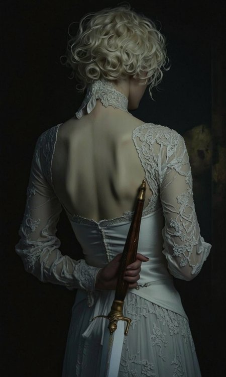 By Phandigrams. A photo-realistic shoot from a profile camera angle about a woman in a white lace dress holding a sword, with a shadow behind her back. the image also shows a dark, moody background with soft lighting and shadows. on the middle of the image, a 1woman, who appears to be in her late twenties, with short, wavy, platinum blonde hair, is facing away from the viewer. she is standing with her back to the viewer, with her upper body visible. her hair is styled in a messy, curly manner, and she is wearing a white, lace-trimmed wedding dress with long sleeves. the dress has a corset on the back, and the woman is holding a large, ornate dagger in her right hand. the overall mood is dark and moody, with the woman's shadow adding a sense of mystery to the image.