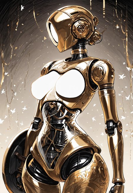masterpiece, best quality, amazing quality,  high resolution, aesthetic,  robot girl, ((robot body)), robot joints, medium breasts, wide hips, metal body, angelic, glowing white details, gold details, rim lighting, pretty hair, scifi,  transparent body, vintage robot, steampunk, wide robot head, inhuman head, holding scifi shield, traditional media, rough sketch, linear hatching, 