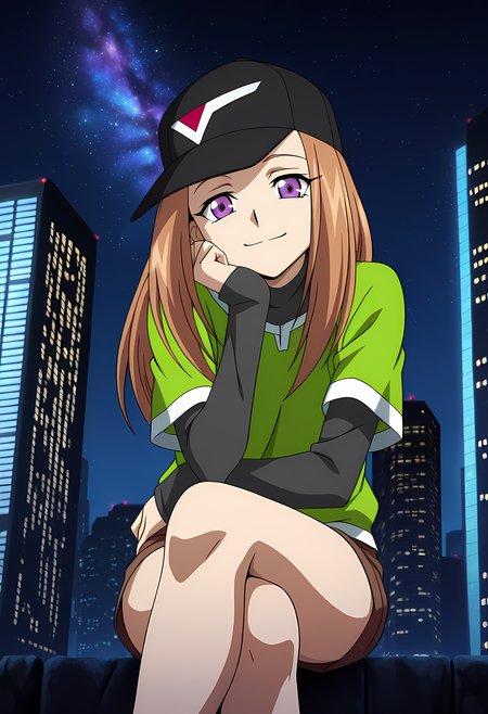masterpiece,best quality,amazing quality,

solo, 

Noa Hoshizaki (Cardfight Vanguard), long hair, brown hair,

purple eyes, hat, baseball cap, green shirt, black headwear, layered sleeves, short sleeves, short over long sleeves, layered sleeves, brown shorts,

looking at viewer, smile, cheeks leaning on arm,

cinematic, cross legs, crossing legs, 

Outdoors, night, On top skyscraper, sci-fi city, (galaxy sky:1.2),

Lens flare, bloom,

Official style, anime screencap, anime coloring,












