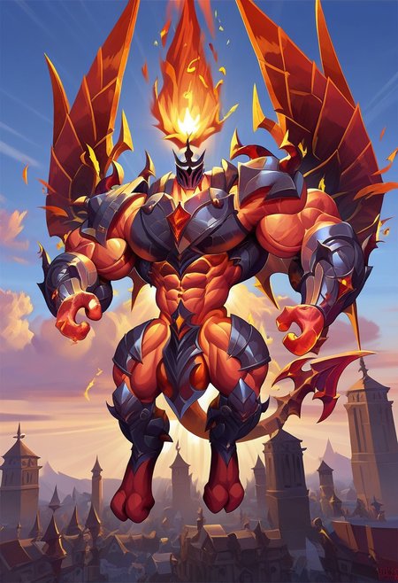 score_9,score_8_up,score_7_up, 1boy, solo, male Focus, Infernal Galio, Fire, Infernal, Demonic, Armor, Partially armored, Abs, Tail, Wings, Helmet, Gauntlets, 3 fingers, 3 toes, Glowing eyes, Burning head, (hyper muscle), broad shoulders, small waist, hyper bulge, flying, flying pose, on sky, Orange sky, Sun, Sun rays, clouds
