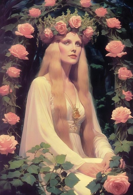 The midnight crowning of the May Queen by a coven of eldritch dryads — her throne built from bones wrapped in ivy, her crown of roses weeping pink light. Her eyes blaze like twin Beltane bonfires as foxes with black silk tails dance around her in synchronized spirals.  
, VHS screen grab, grainy, old footage, in the style of an old 80's VHS dark fantasy, VHS screen grab, grainy, old footage