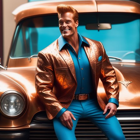 masterpiece, high quality, high resolution, hd, highres, colorful, detailed, (extra detailed:1.1), realistic, (copper body:1.1), 1man, solo, johnnybravo, smiling, confident, raised brow,muscular, flexing, bodybuilder pose, posing, (copper skin:1.3), (copper colored skin:1.2), (copper car:1.2), (copper cadillac car:1.1), (black shirt:1.2), (blue pants:1.1), <lora:JohnnyBravoXL:0.3>, <lora:Dull beaten copper SDXL:0.9>,  <lora:add-detail-xl:1>,  cinematic, epic shot, dramatic lighting, (zoomed in:1.1), (cowboy shot:1.1), pompadour, tall