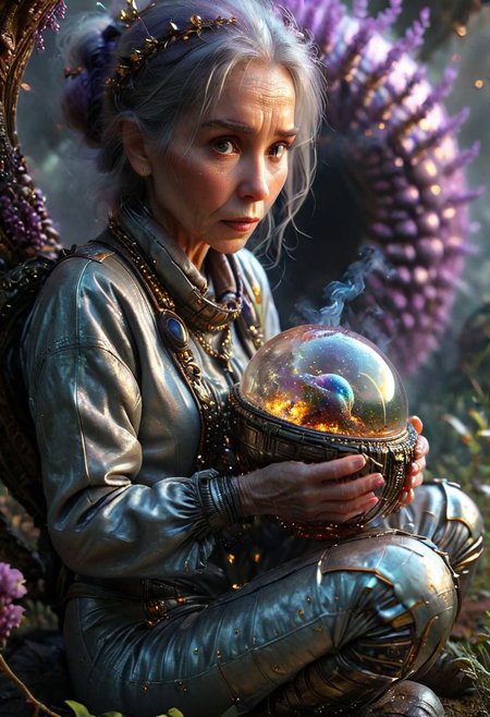 (full body portrait), ((an old woman siting with her back to a space mushroom, in an intricate interstellar spacesuit holding a huge alien crystal ball, glowing, and blowing out many huge smoke rings)), (A giant snail|octopus attacking), intricate, (old:1.7), by Moebius and H. R. Giger and Stefan Martiniere and Tomer Hanuka,  hyper detailed, award winning on artstation.com,(intricate details, masterpiece, best quality:1.4), looking at viewer, dynamic pose, wide angle view, dense fog, Different shades of wisteria and grape, embellished with gold decoration, fractal art, in the style of nicola samori, Intense gaze, Bright... ,Model, expression, anthro, Rainbowiridal palette eyes, Shiny..., Bright..., Intense gaze, Fire dragon eyes, Amber cat eyes, Anthro... woman, Genetically modified..., facial expression