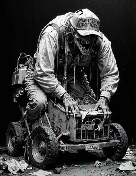 score_9, score_8_up, score_7_up, mm-style, monochrome, black background,(garbage truck), construction yard, horror, dark fantasy, full body, <lora:Monochrome_Monsters_Pony:0.8>