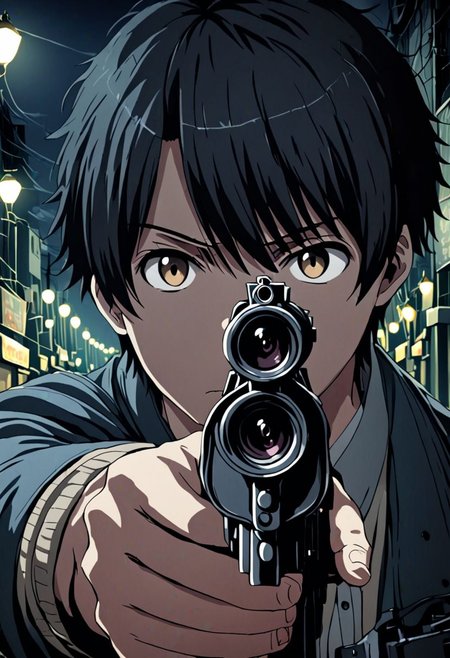 high resolution, solo, best quality, 1Boy, Inaho Kaizuka, Black Hair, portrait, midnight, dim street lights, mysterious, threatening, gun, aiming the gun to the viewer, OverallDetail